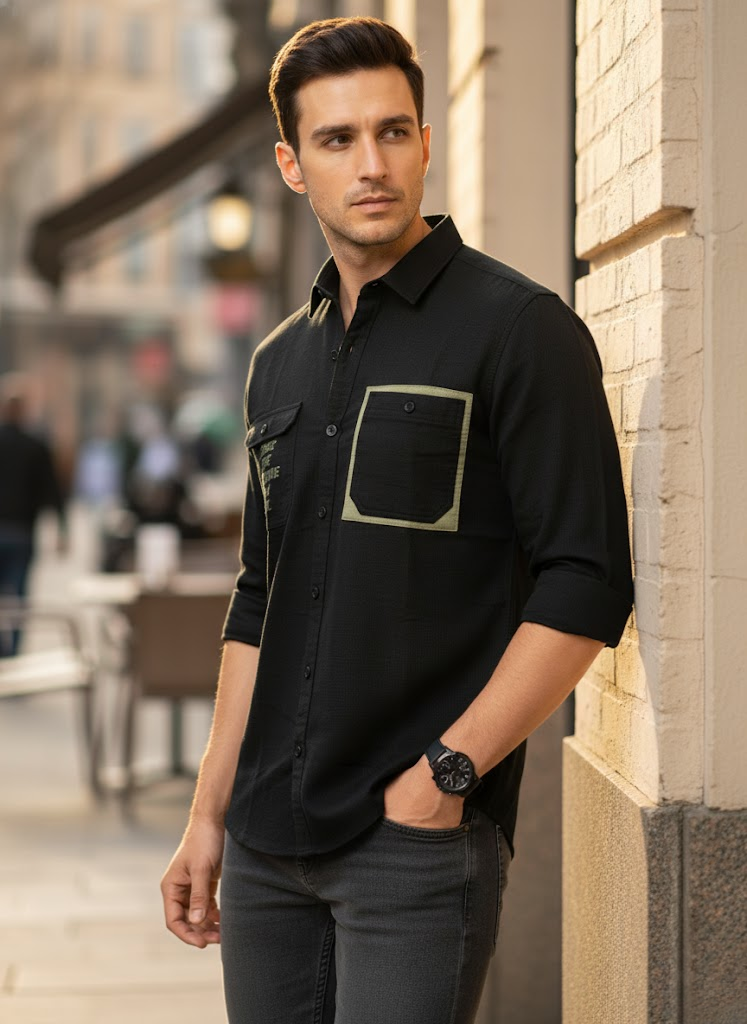 Men’s Black Shirt with Olive Green Pocket