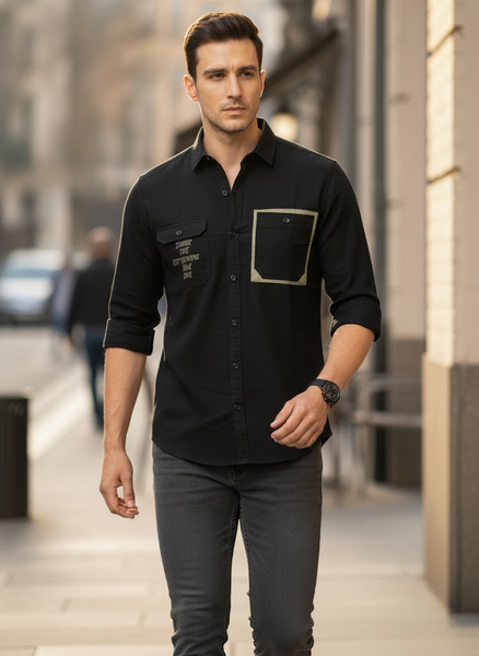 Men’s Black Shirt with Olive Green Pocket