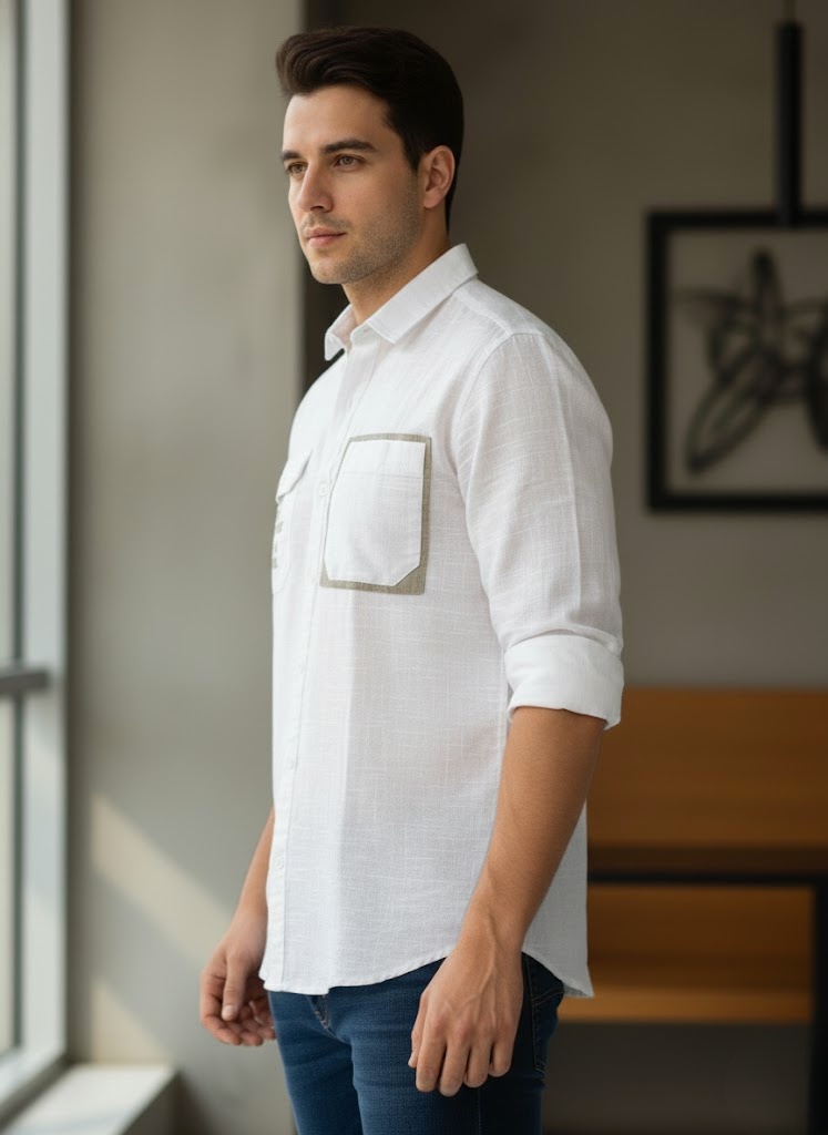 Men’s White Cotton Shirt with Beige Pocket