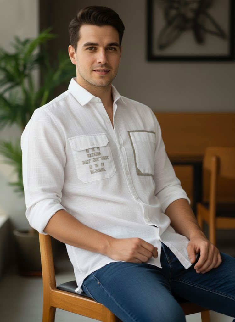 Men’s White Cotton Shirt with Beige Pocket