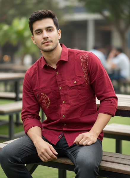 Men’s Double Pocket Maroon Cotton Stylish Casual Shirt