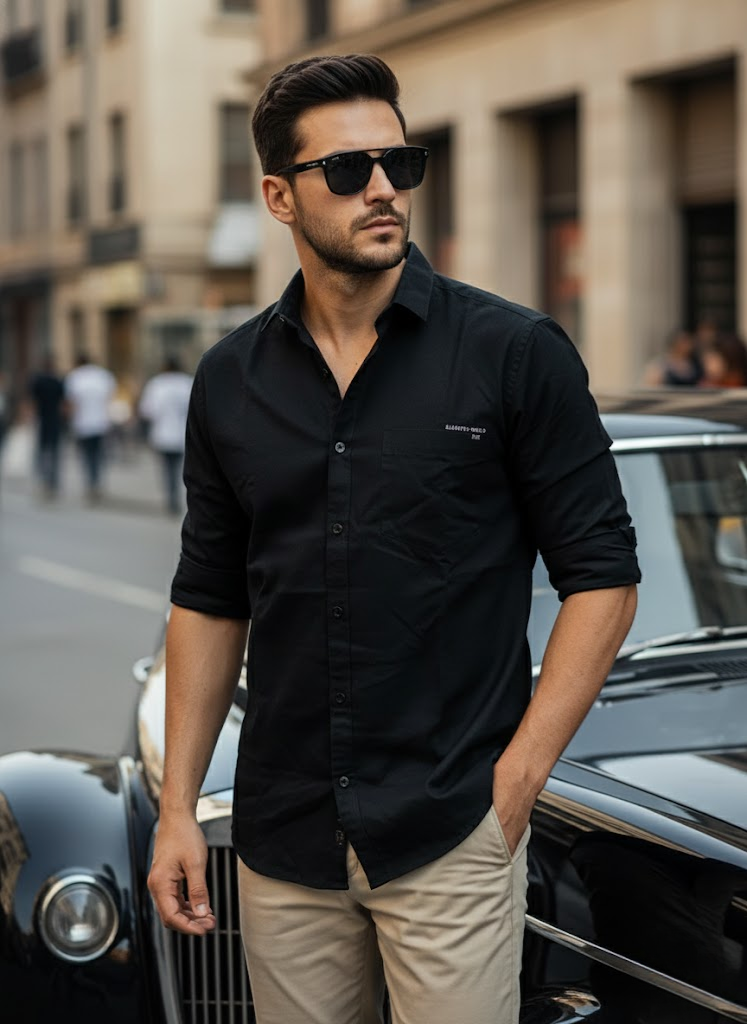Men’s Classic Black Cotton Slim Fit Casual Shirt