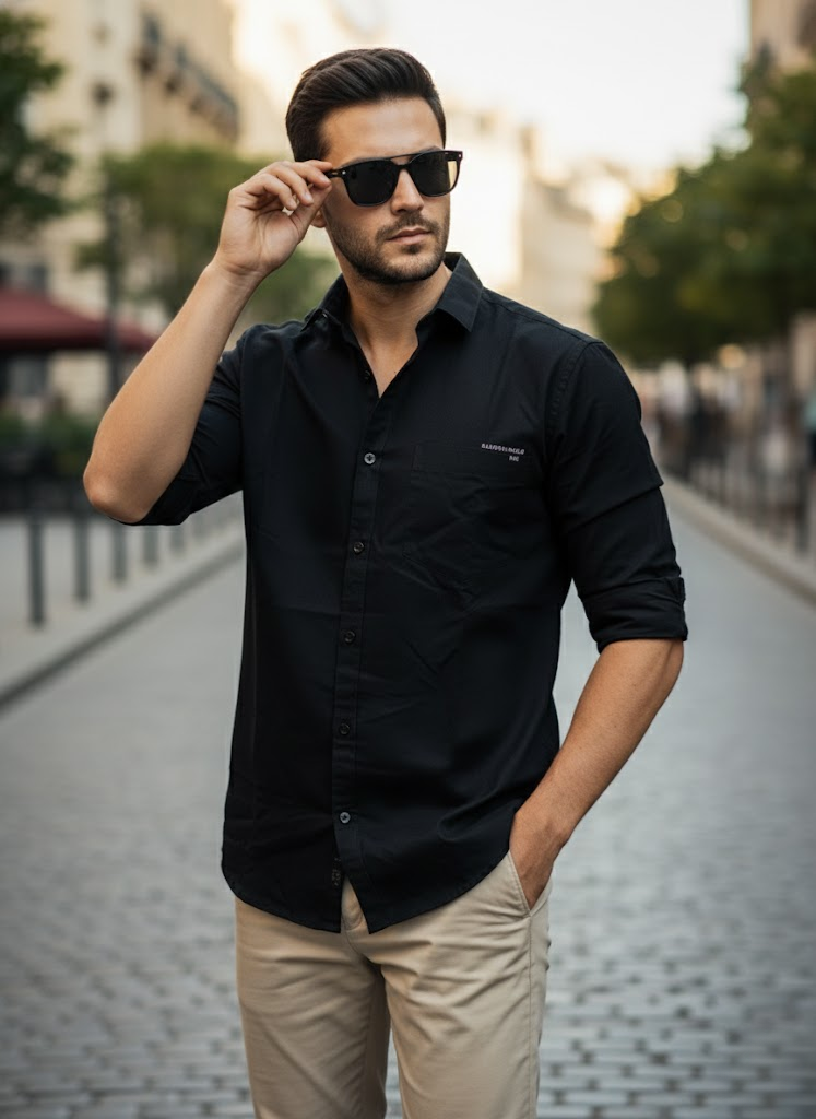 Men’s Classic Black Cotton Slim Fit Casual Shirt