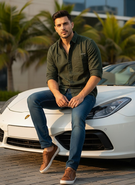 Men’s Bottle Green Cotton Slim Fit Casual Shirt