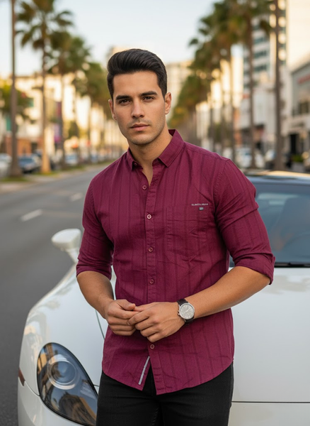 Men’s Maroon Striped Cotton Slim Fit Casual Shirt