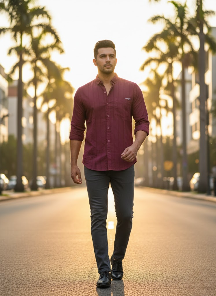 Men’s Maroon Striped Cotton Slim Fit Casual Shirt