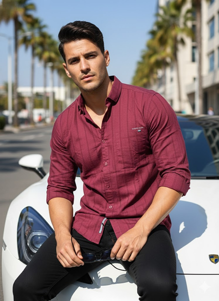 Men’s Maroon Striped Cotton Slim Fit Casual Shirt