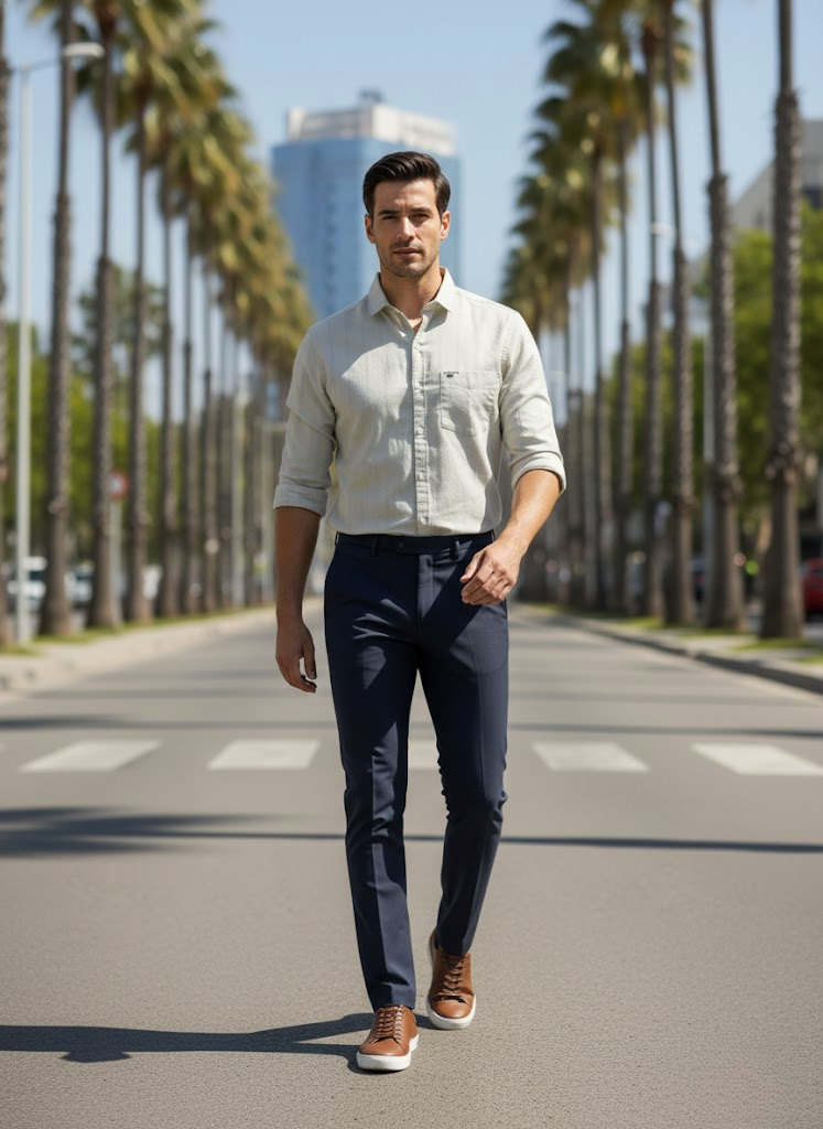 Men’s Light Beige Cotton Slim Fit Casual striped Shirt