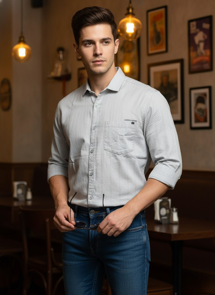 Men’s Light Grey Striped Cotton Slim Fit Casual Shirt