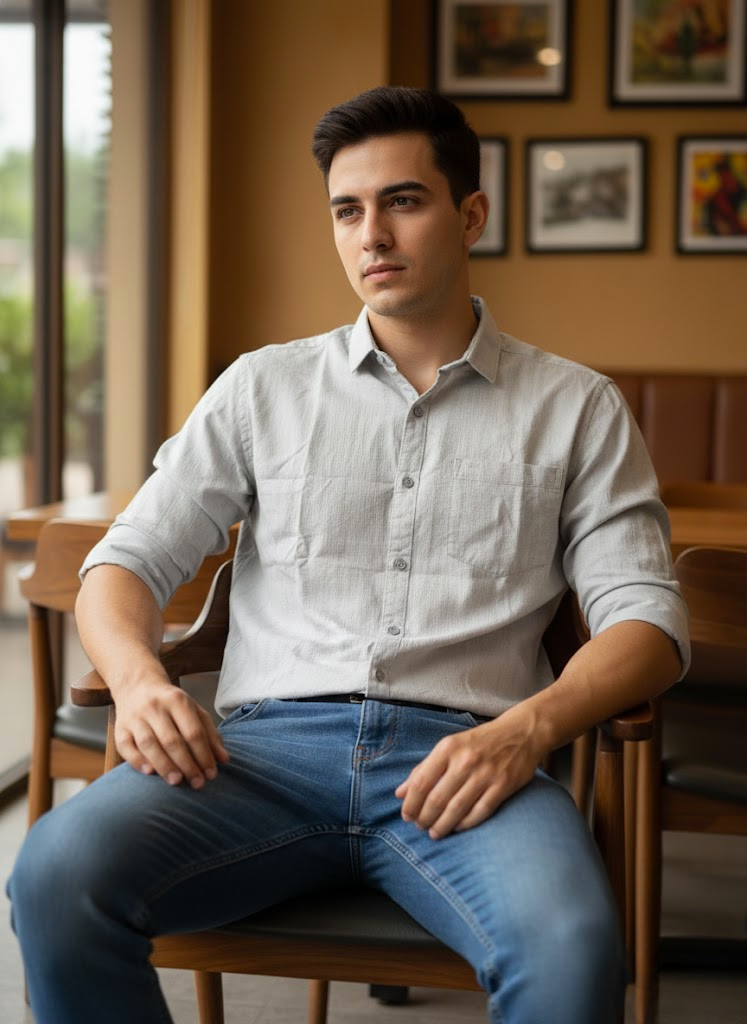 Men’s Light Grey Striped Cotton Slim Fit Casual Shirt