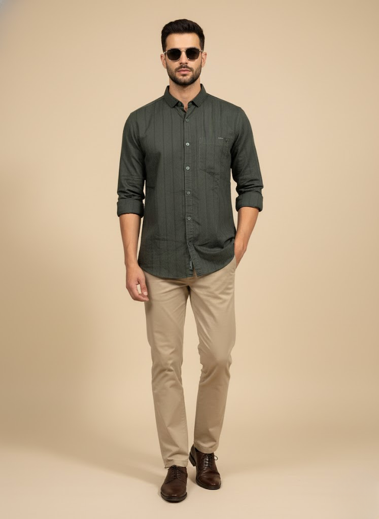 Men’s Dark Olive Green Cotton striped Slim Fit Casual Shirt