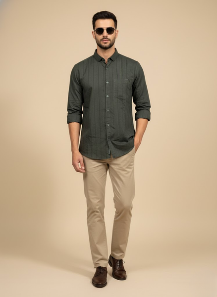 Men’s Dark Olive Green Cotton striped Slim Fit Casual Shirt
