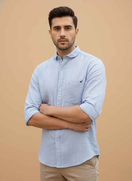 Men’s Light Blue Cotton Slim Fit Striped Casual Shirt