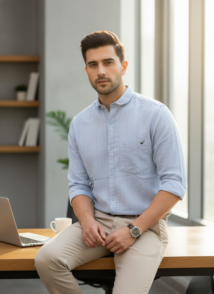 Men’s Light Blue Cotton Slim Fit Striped Casual Shirt