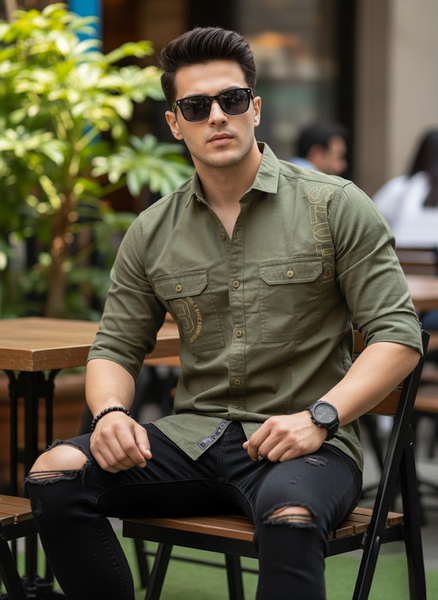 Men’s Double Pocket Olive Green Cotton Stylish Casual Shirt