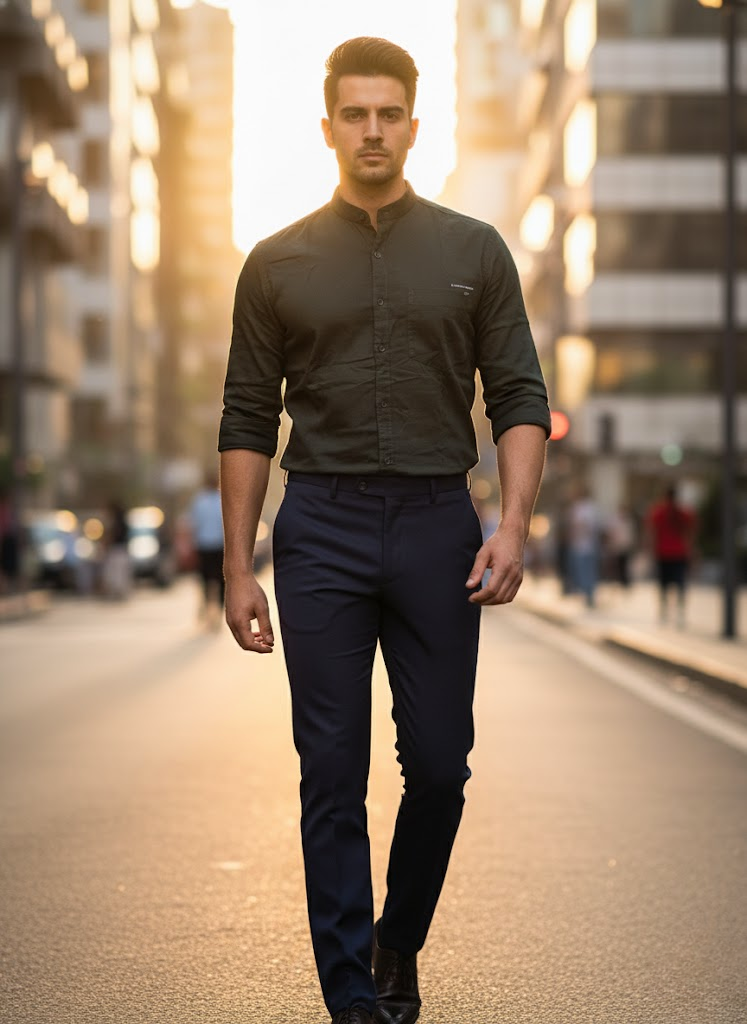 Men’s Dark Green Cotton Slub Slim Fit Mandarin Collar Shirt