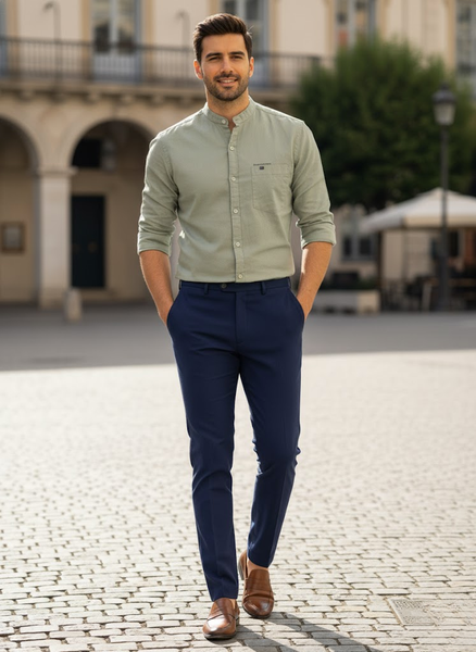 Men’s Sage Green Cotton Slub Slim Fit Mandarin Collar Shirt