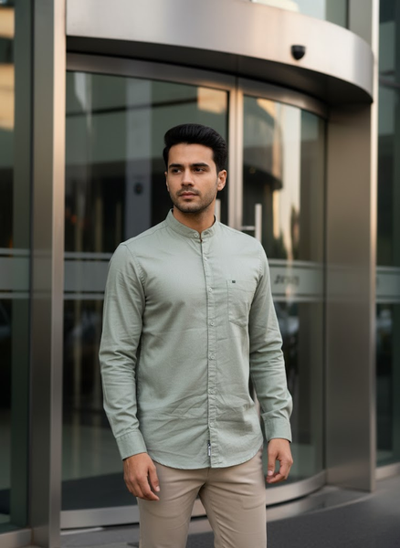 Men’s Sage Green Cotton Slub Slim Fit Mandarin Collar Shirt