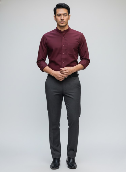Men’s Maroon Cotton Slub Slim Fit Mandarin Collar Shirt