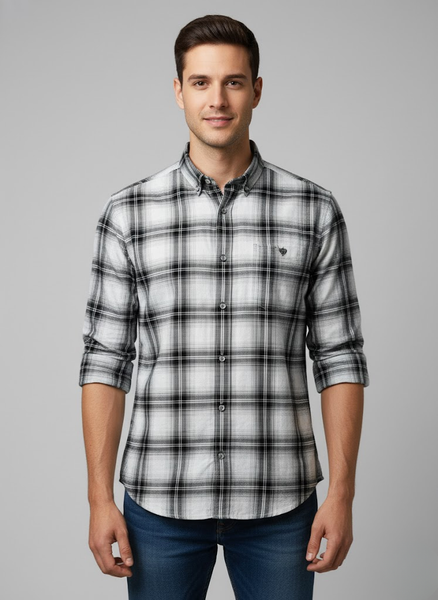 Men’s White & Black Checked Cotton Slim Fit Casual Shirt