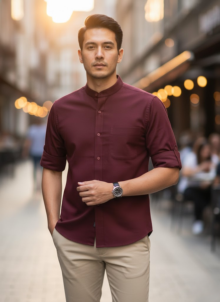 Men’s Maroon Cotton Slub Slim Fit Mandarin Collar Shirt
