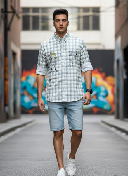 Men’s White & Green Printed Checked Imported Slim Fit Casual Shirt