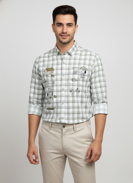 Men’s White & Green Printed Checked Imported Slim Fit Casual Shirt