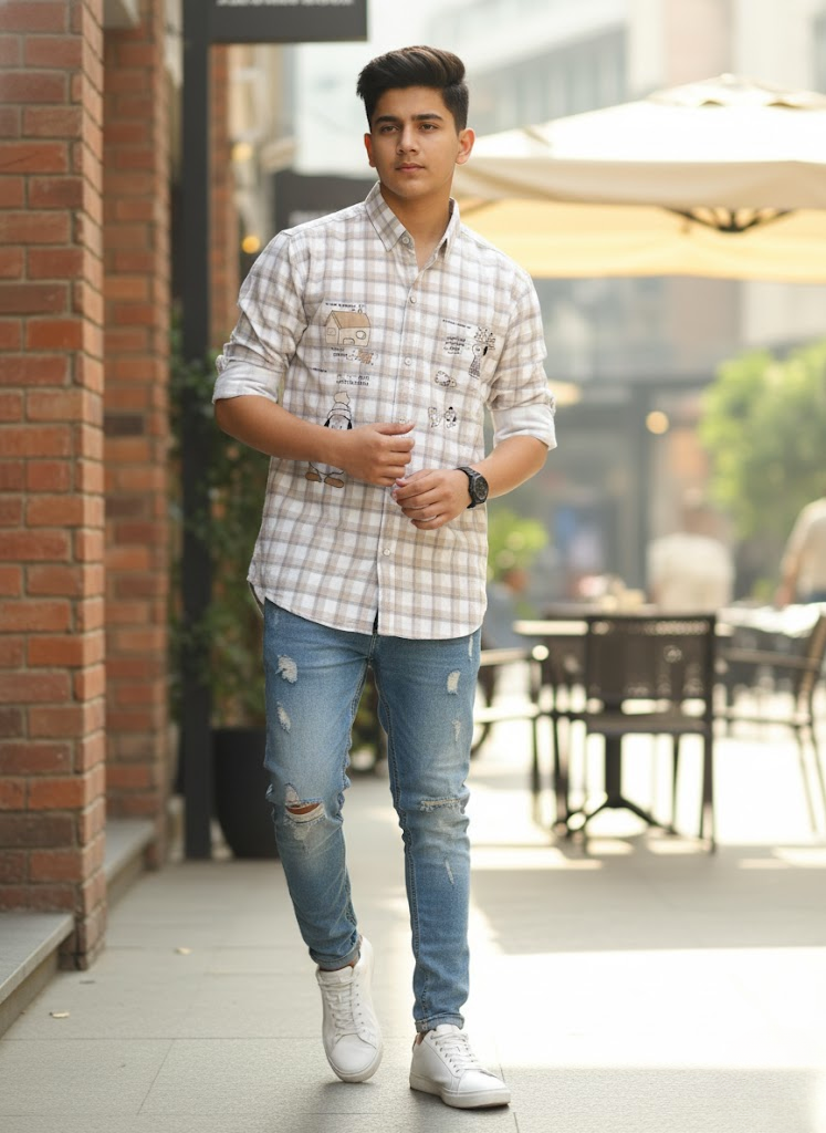 Men’s Beige & White Printed Checked Imported Slim Fit Casual Shirt