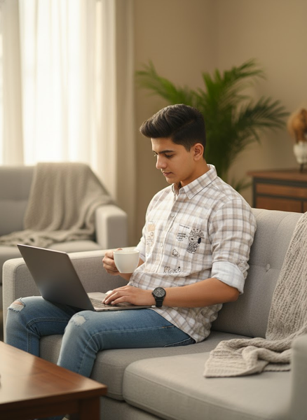 Men’s Beige & White Printed Checked Imported Slim Fit Casual Shirt