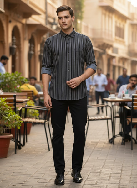 Men’s Black & Grey Striped lycra Slim Fit Casual Shirt