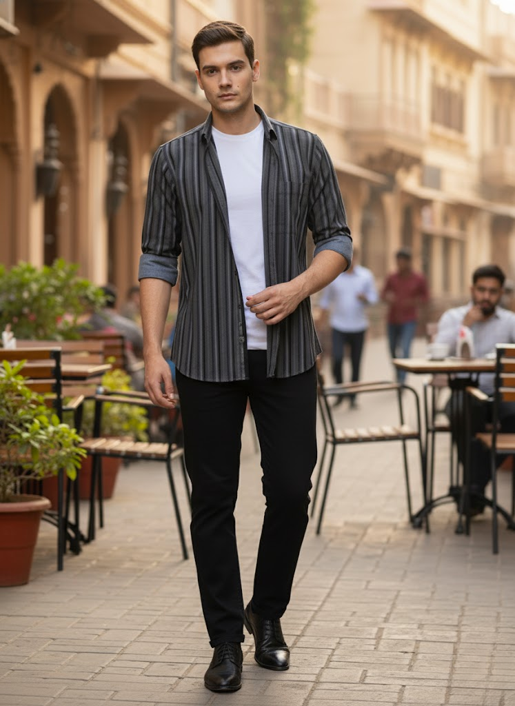 Men’s Black & Grey Striped lycra Slim Fit Casual Shirt