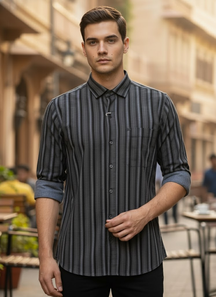 Men’s Black & Grey Striped lycra Slim Fit Casual Shirt