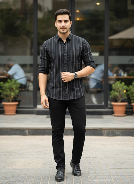 Men’s Jet Black Vertical Striped Cotton Slim Fit Casual Shirt
