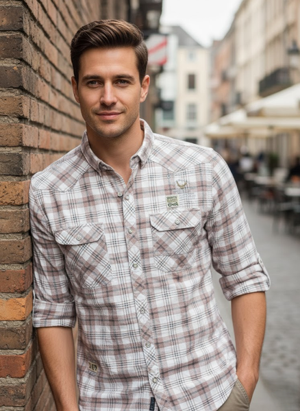 Men’s White & Brown City Check Cotton Slim Fit Shirt