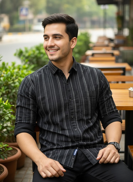 Men’s Jet Black Vertical Striped Cotton Slim Fit Casual Shirt