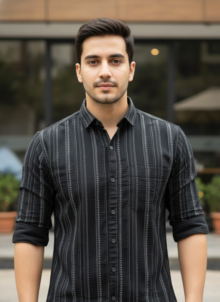 Men’s Jet Black Vertical Striped Cotton Slim Fit Casual Shirt