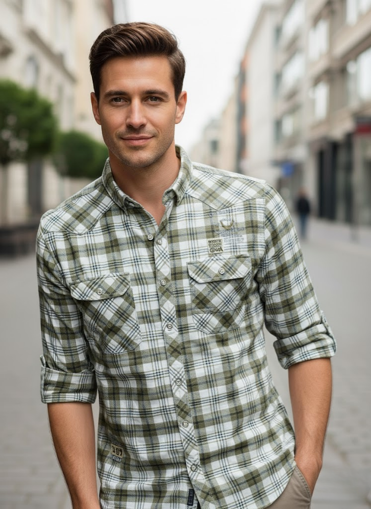 Men’s Olive Green & White Checked Cotton Slim Fit Shirt