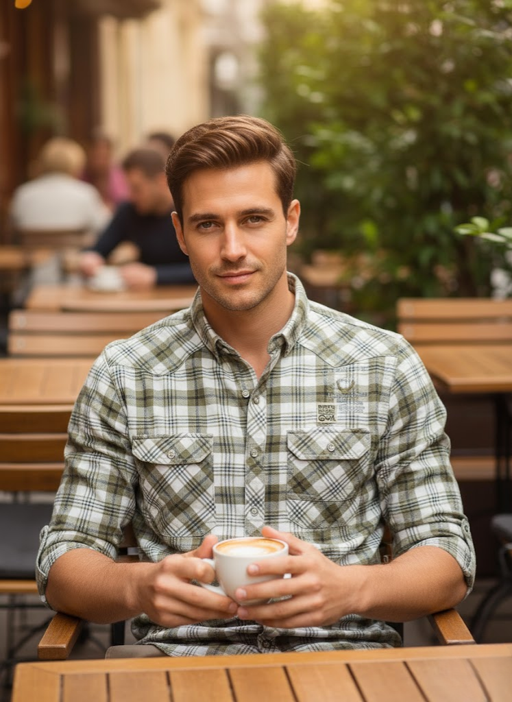 Men’s Olive Green & White Checked Cotton Slim Fit Shirt