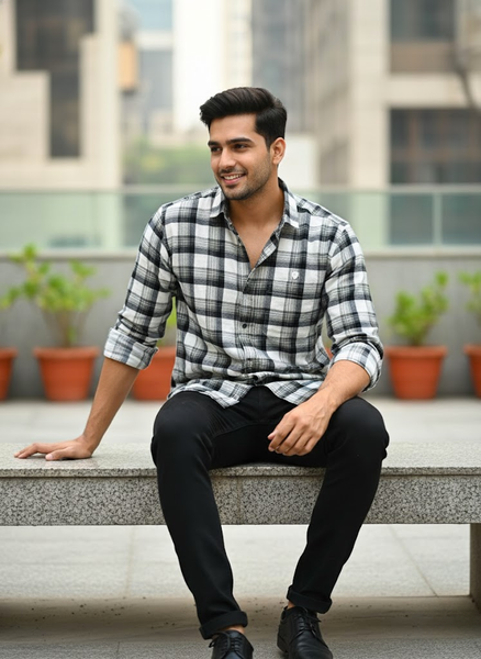 Men’s White & Grey Checked Cotton Slim Fit Casual Shirt