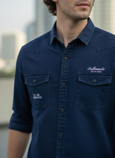 Men’s Navy Blue Denim Washed Cotton Shirt