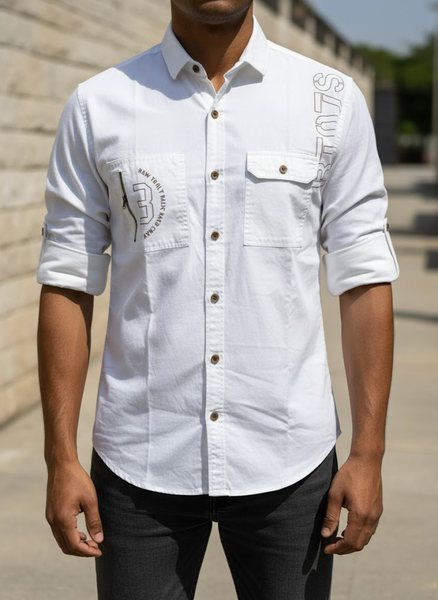 Men’s Double Pocket White Cotton Stylish Casual Shirt