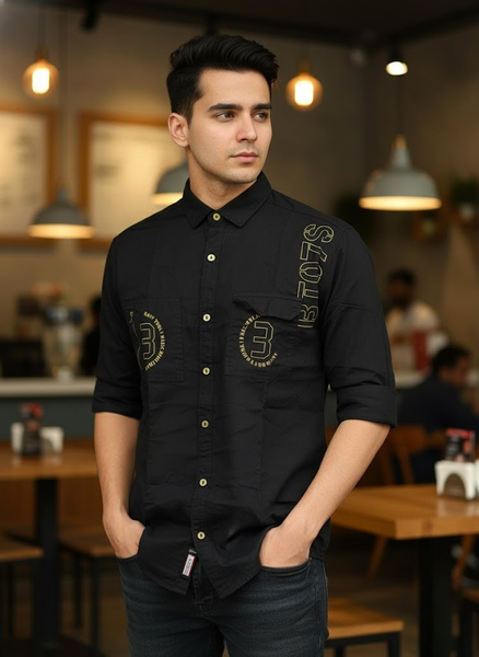 Men’s Double Pocket Black Cotton Stylish Casual Shirt