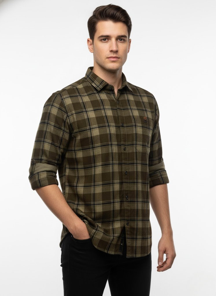 Men’s Olive Green Checked Cotton Slim Fit Casual Shirt