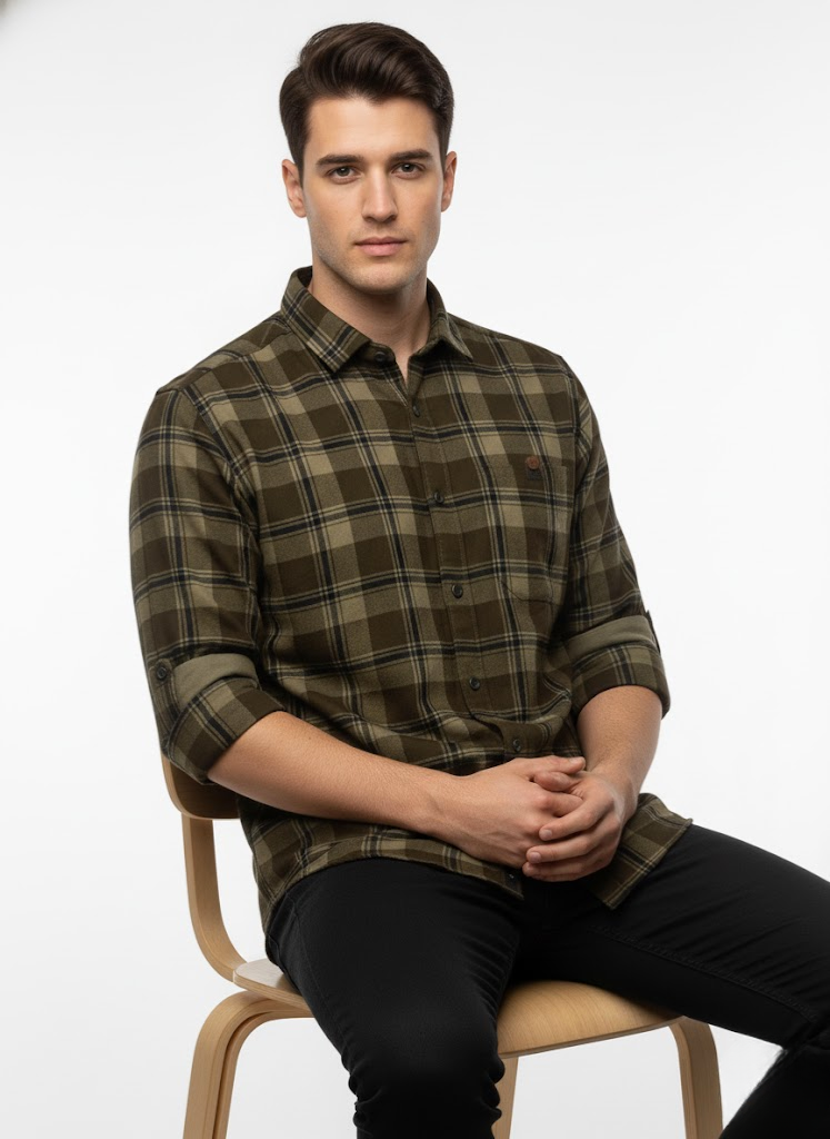 Men’s Olive Green Checked Cotton Slim Fit Casual Shirt