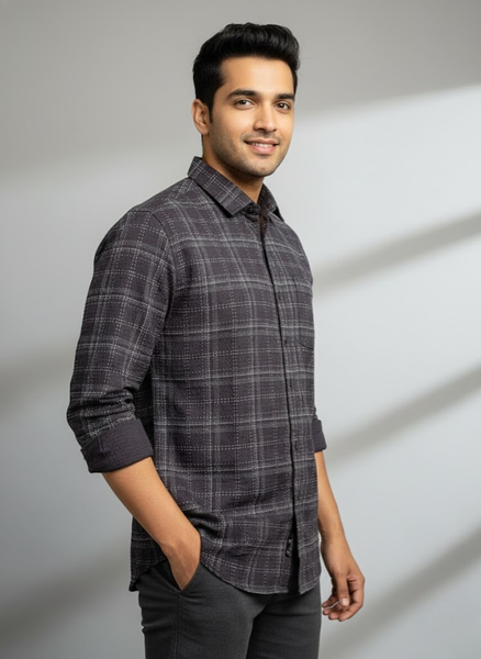 Men’s Deep Plum City Check Textured Slim Fit Cotton Shirt