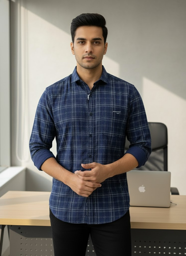 Men’s Navy Blue Office Check Textured Cotton Slim Fit Shirt