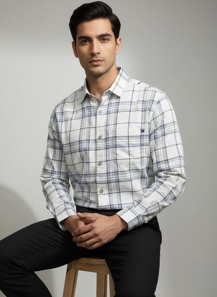 Men’s Cream & Blue Check Premium Textured Cotton Shirt
