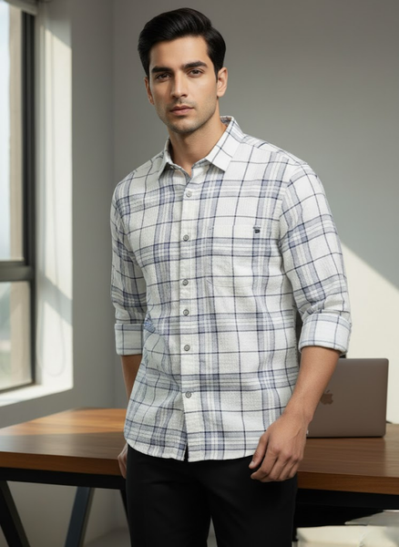 Men’s Cream & Blue Check Premium Textured Cotton Shirt