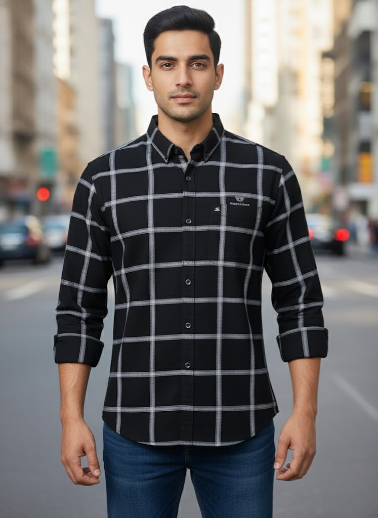 Men’s Black Grid Check Slim Fit Imported TR Shirt