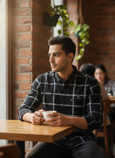 Men’s Black Grid Check Slim Fit Imported TR Shirt
